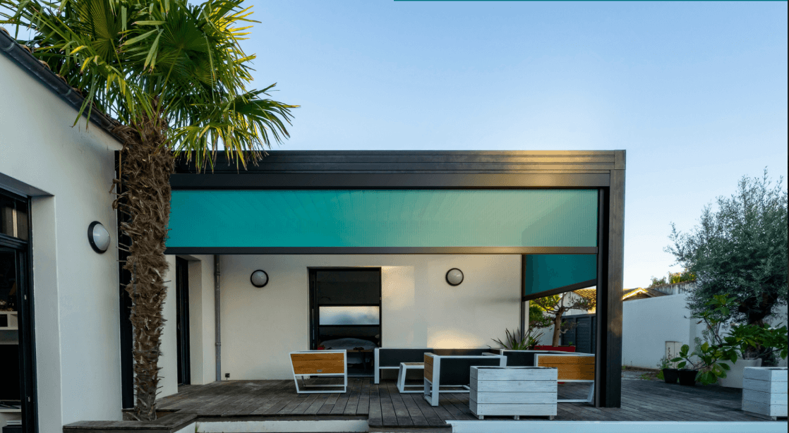 Pergola palmier jardin noir bleu turquoise